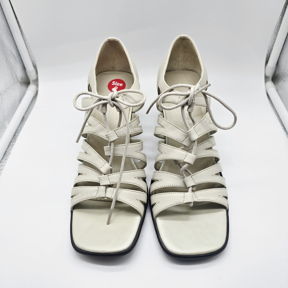 Laura Scott Cream White Lace up Leather Block Heel Sandals Y2K Women's 9M New